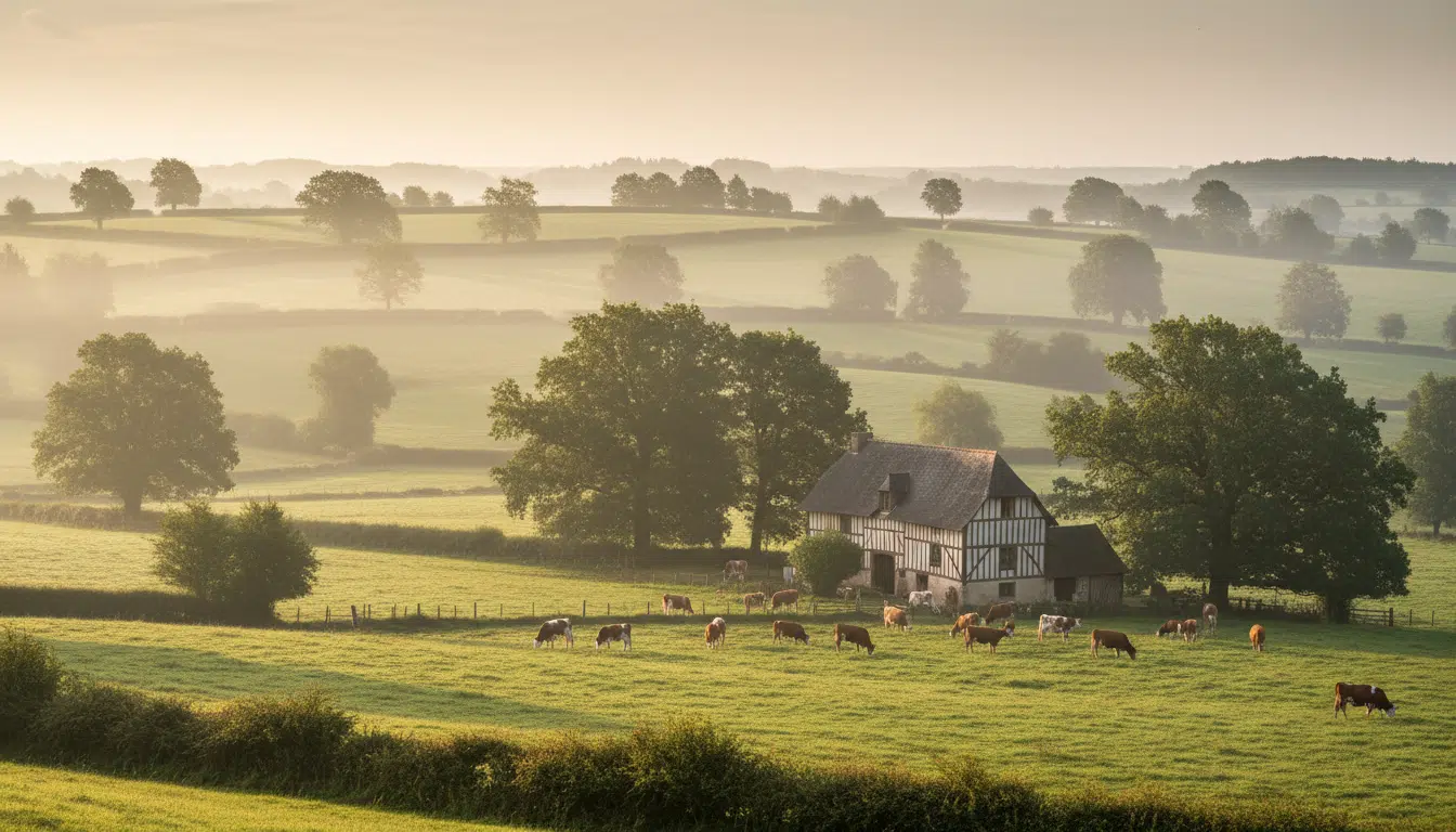 Paysage de bocage normand avec maison à colombages au lever du soleil