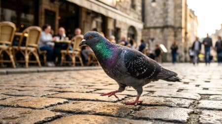 Pigeon marchant sur des pavés avec la tête projetée en avant