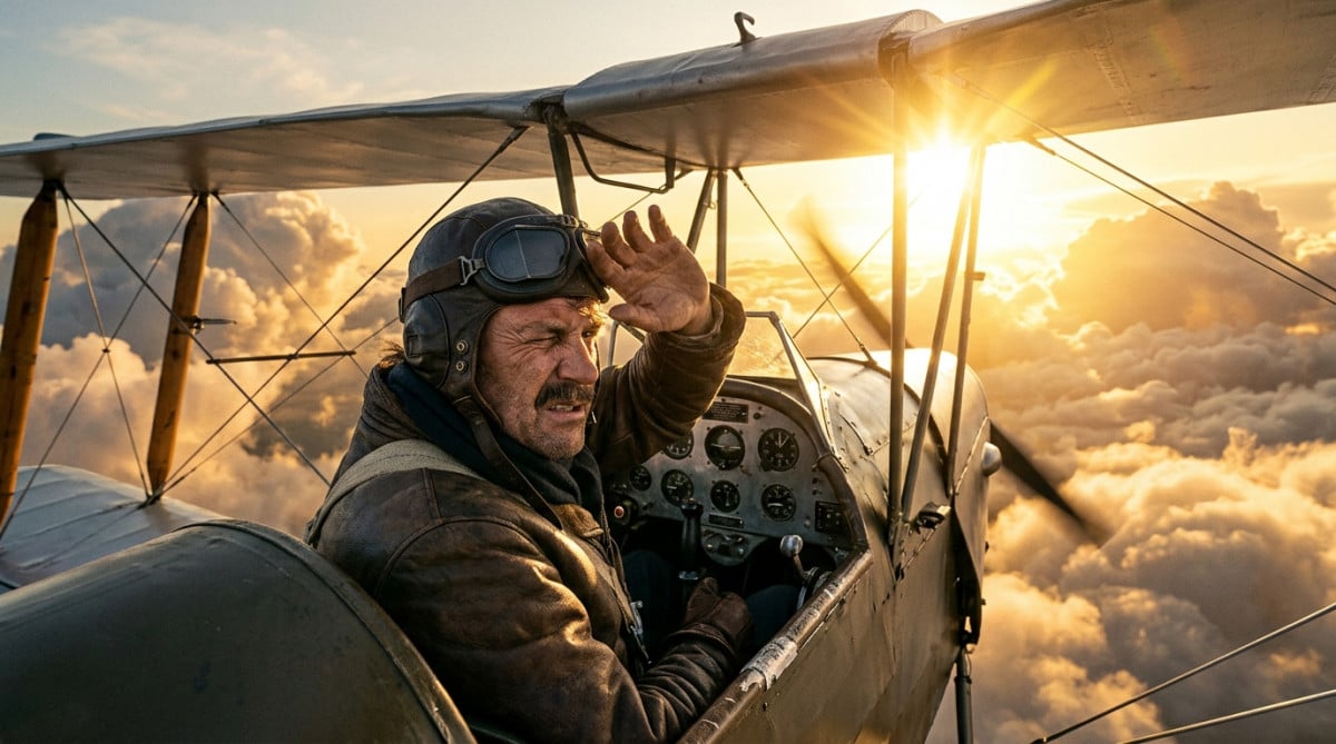 Pilote militaire ébloui par le soleil en cockpit ouvert