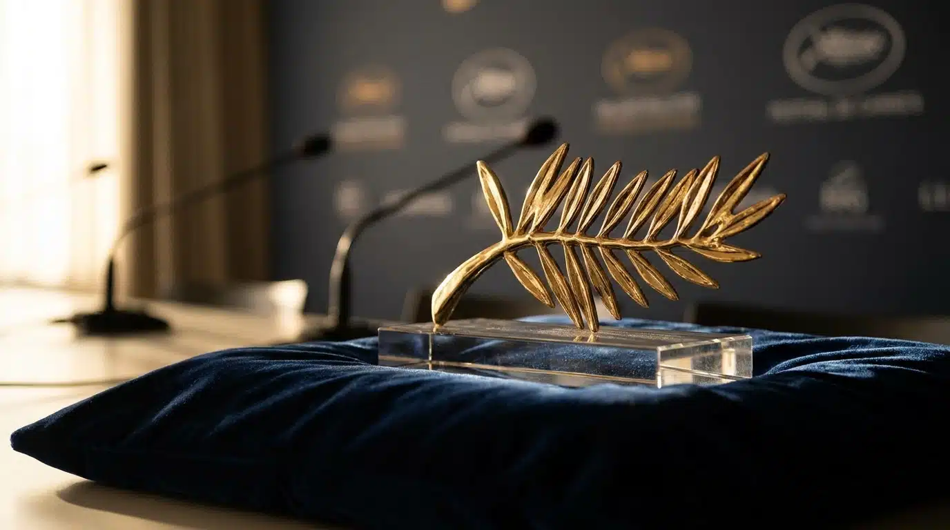Palme d'Or dorée posée sur un écrin de velours sombre, éclairage dramatique