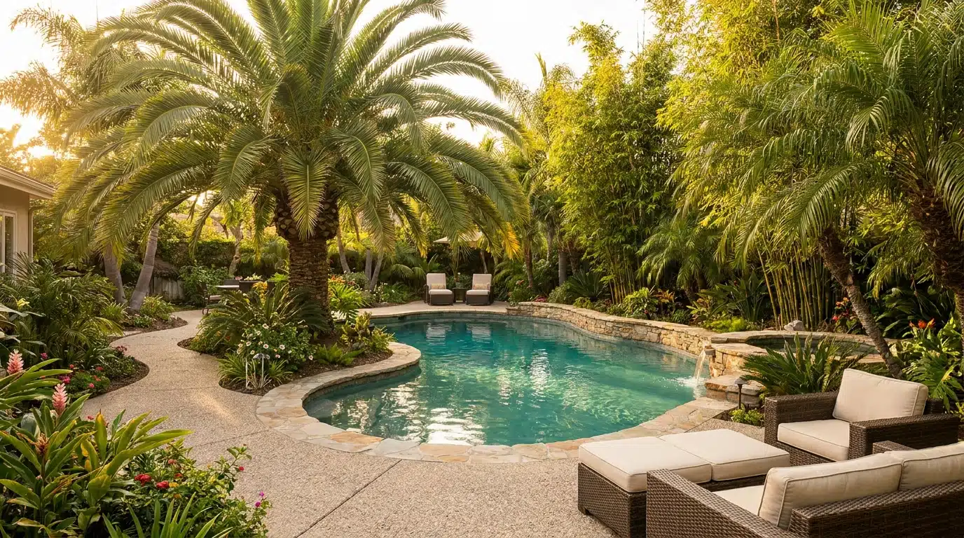 Piscine turquoise entourée de palmiers et bambous dans un jardin