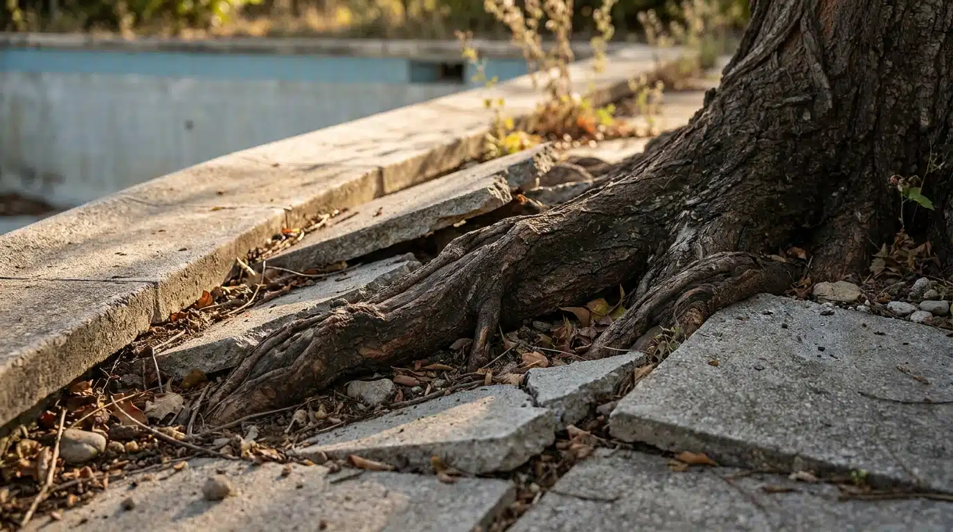 Racines d'arbre fissurant le béton près d'un bord de piscine