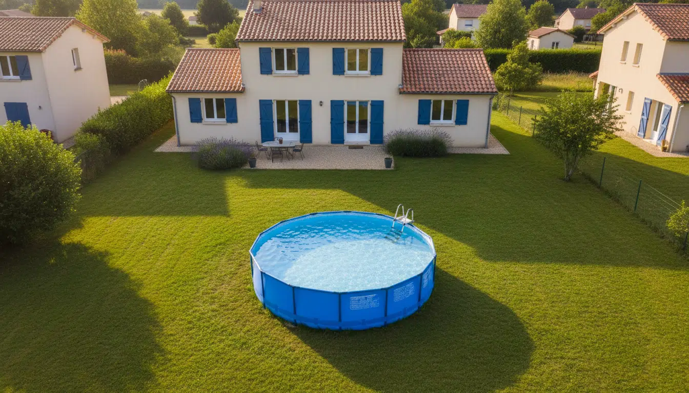 Piscine tubulaire hors-sol dans un jardin français ensoleillé