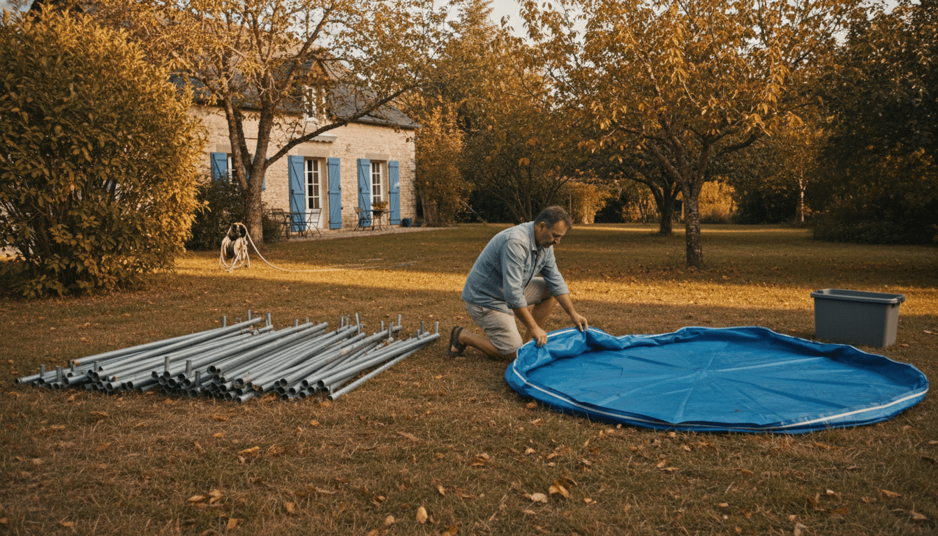 Démontage d'une piscine tubulaire dans un jardin en automne
