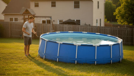Piscine hors-sol penchée sur terrain en pente dans un jardin
