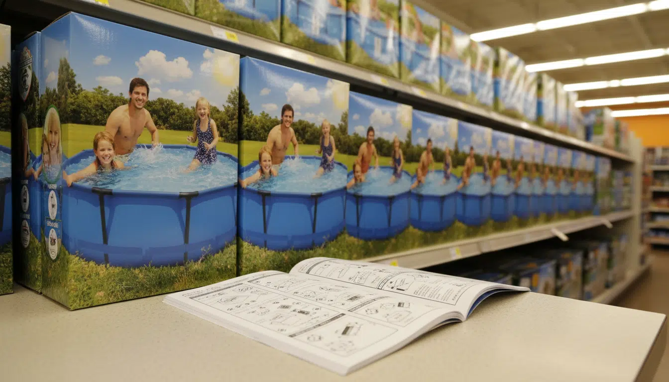 Boîtes de piscines hors-sol en rayon avec notice en petits caractères