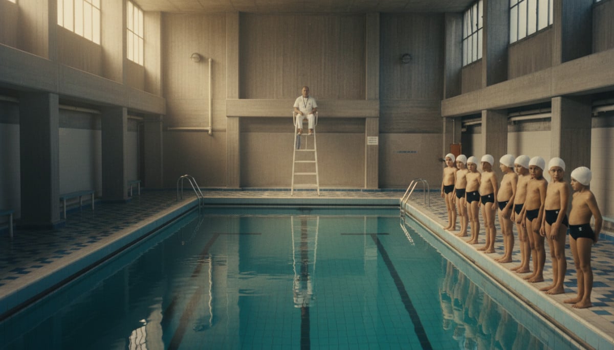 Piscine municipale française des années 70, ambiance stricte et chlore.