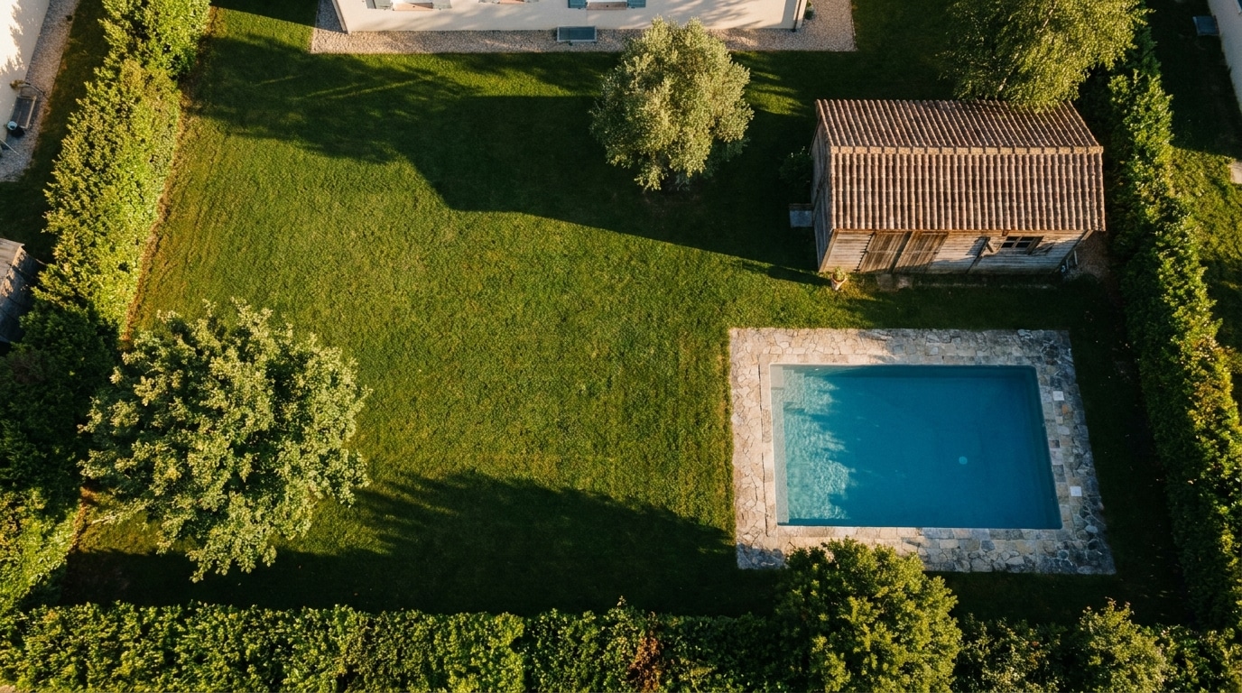 Vue aérienne d'un jardin avec piscine et abri en bois