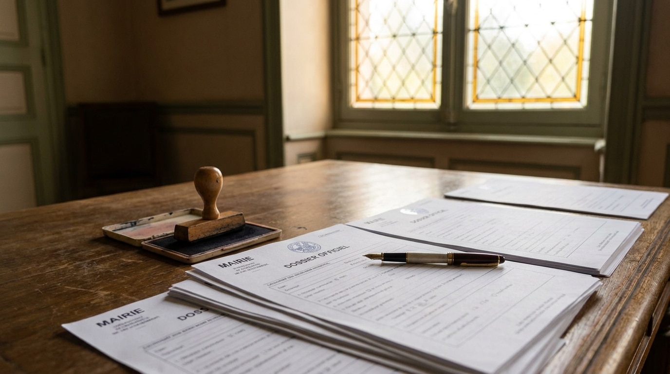Formulaires administratifs et tampon sur un bureau de mairie