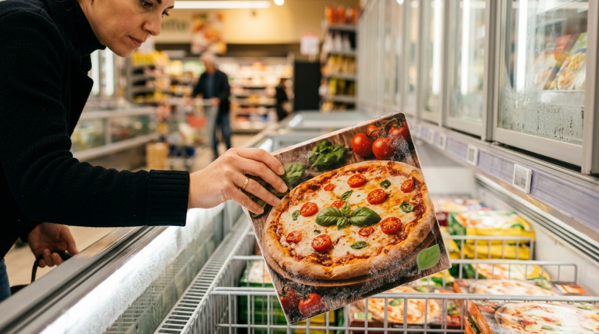 Pizza surgelée sortie du rayon congélateur en supermarché
