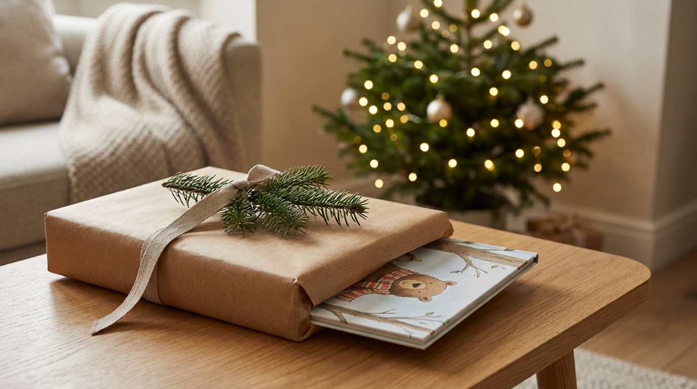 Livre illustré dans un paquet cadeau près d'un sapin de Noël