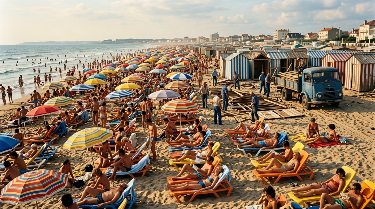 Plage bondée des années 70 avec cabines en cours de démontage