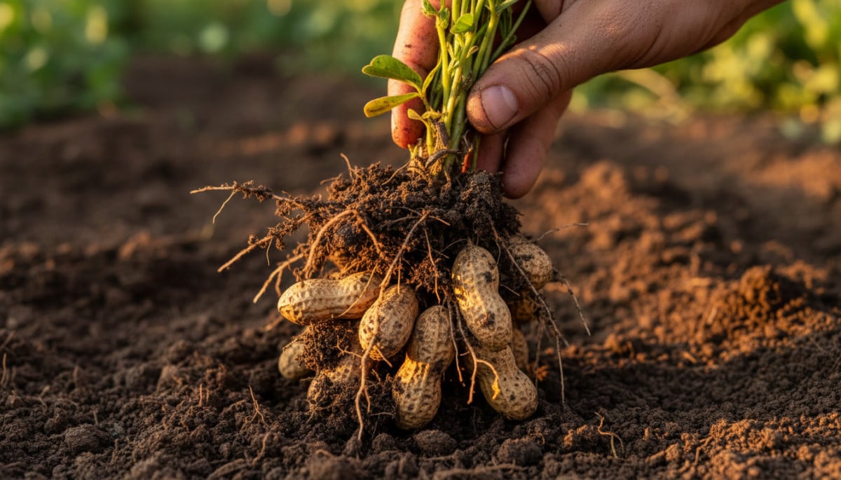 Plant d'arachide arraché du sol avec ses gousses