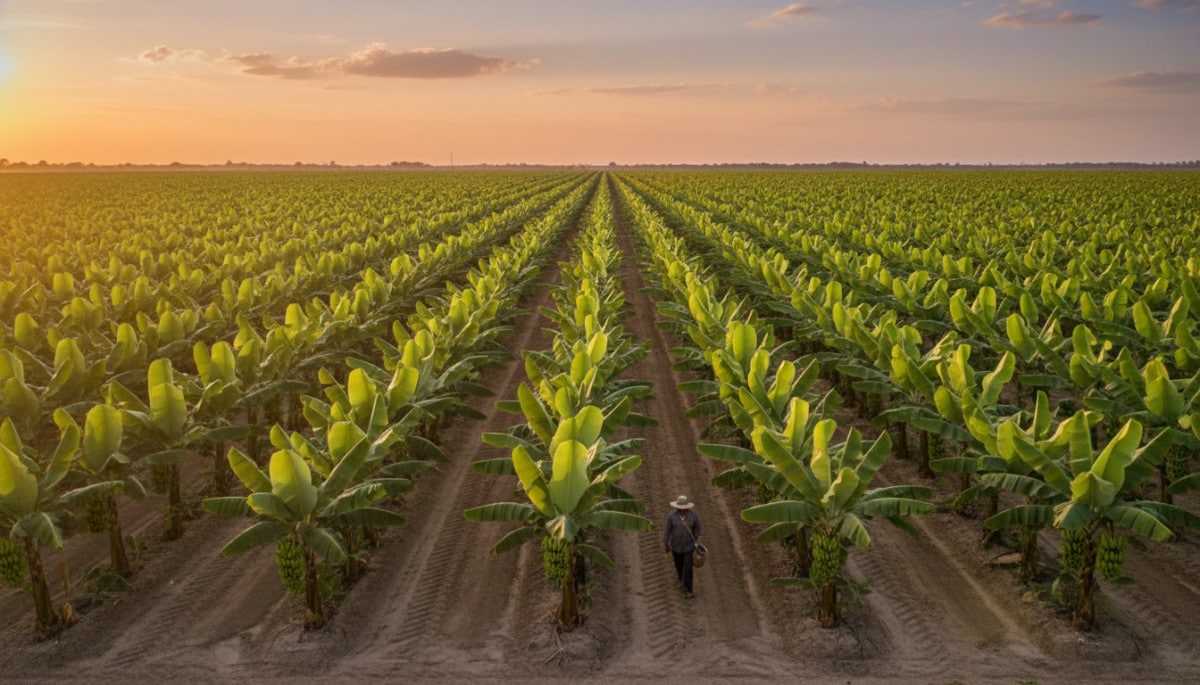 Plantation de bananiers Cavendish identiques au coucher du soleil