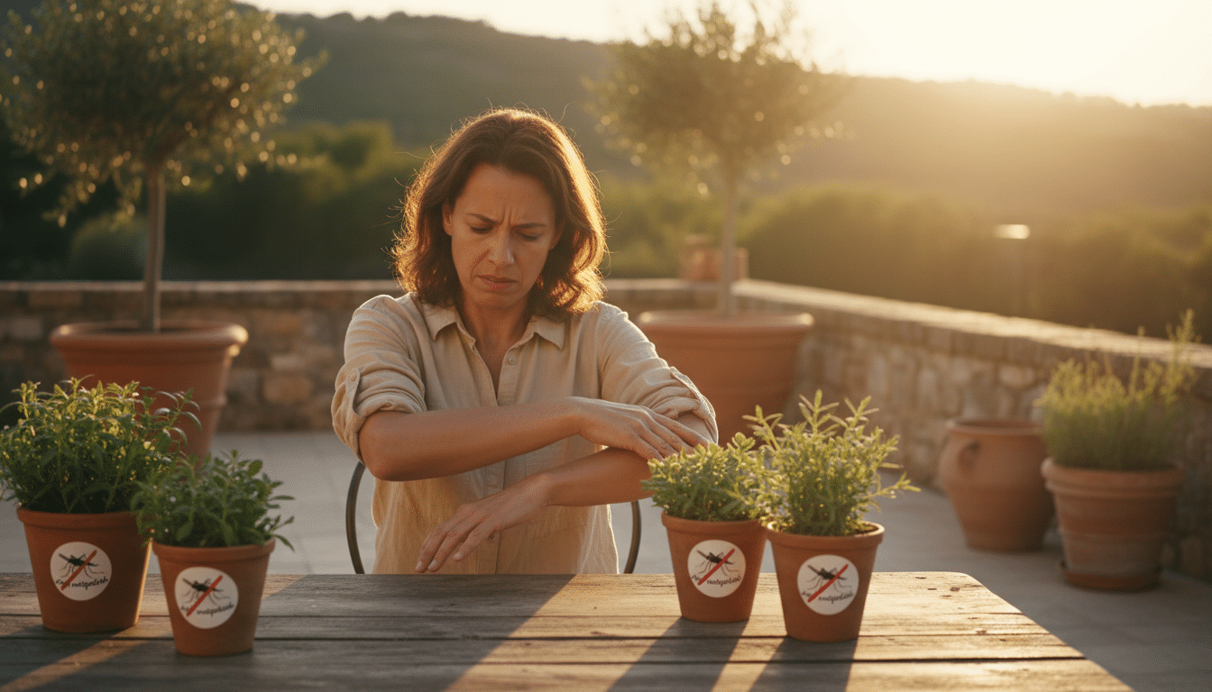 Personne sur une terrasse entourée de plantes anti-moustiques en pot
