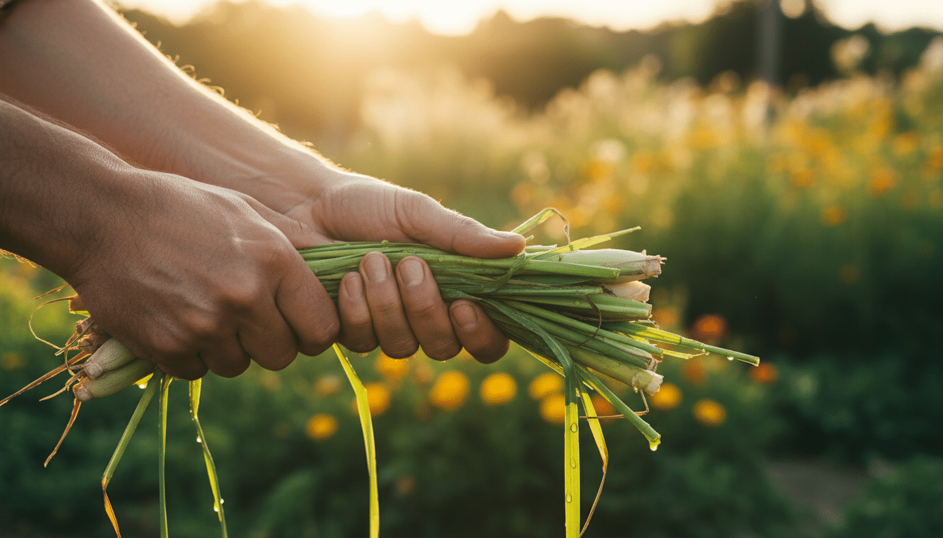 Mains froissant des feuilles de citronnelle pour libérer les huiles essentielles