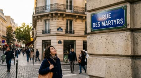Plaque de rue bleue sur un immeuble parisien haussmannien