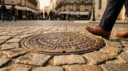 Plaque d'égout ronde sur un trottoir parisien ensoleillé