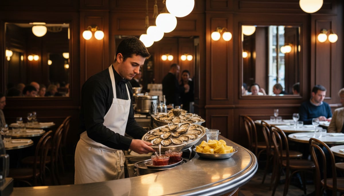 Plateau d'huîtres avec vinaigre à l'échalote dans une brasserie parisienne