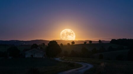 Pleine lune brillante au-dessus d'un paysage de campagne au crépuscule