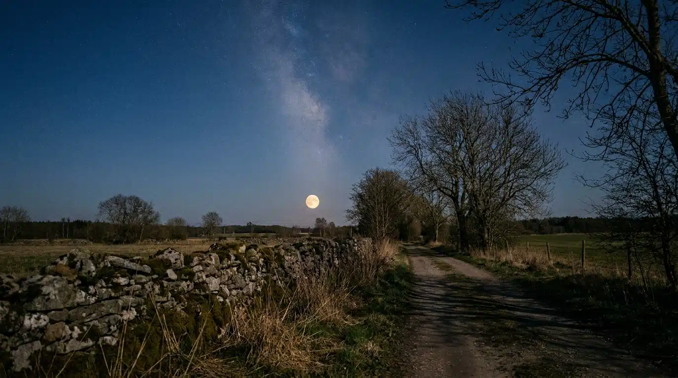 Disque lunaire dans un ciel étoilé au-dessus d'un chemin rural