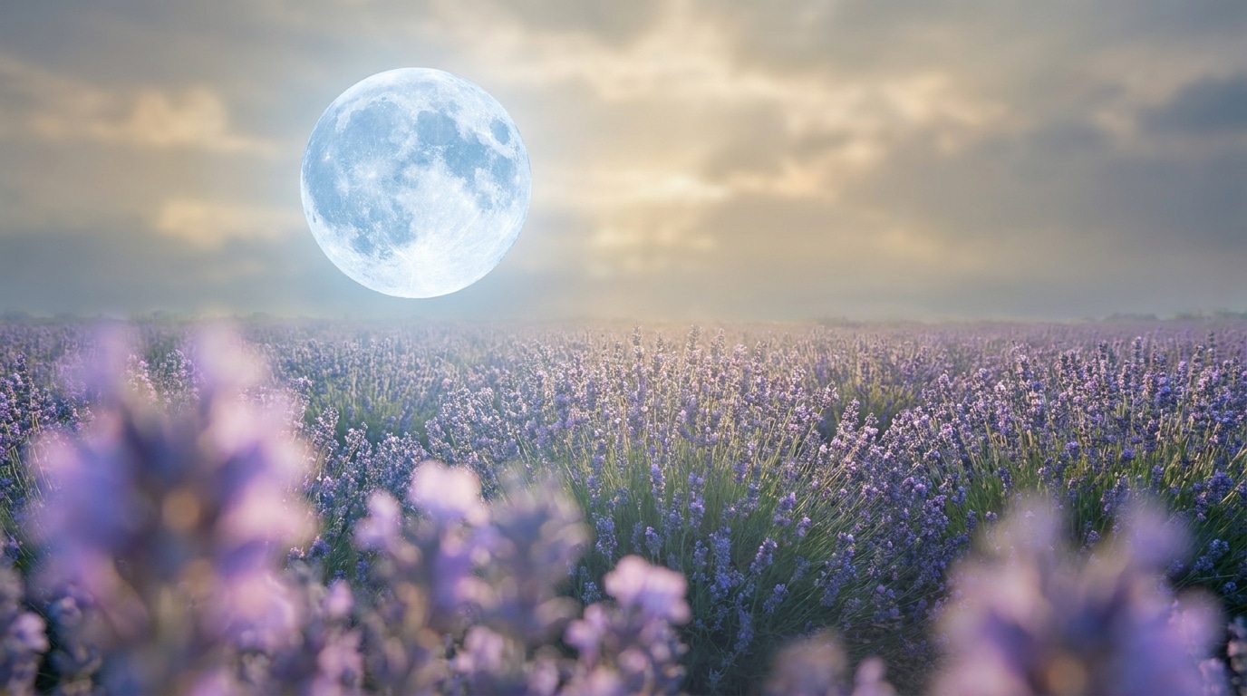 Pleine lune lumineuse au-dessus d'un champ de lavande au crépuscule