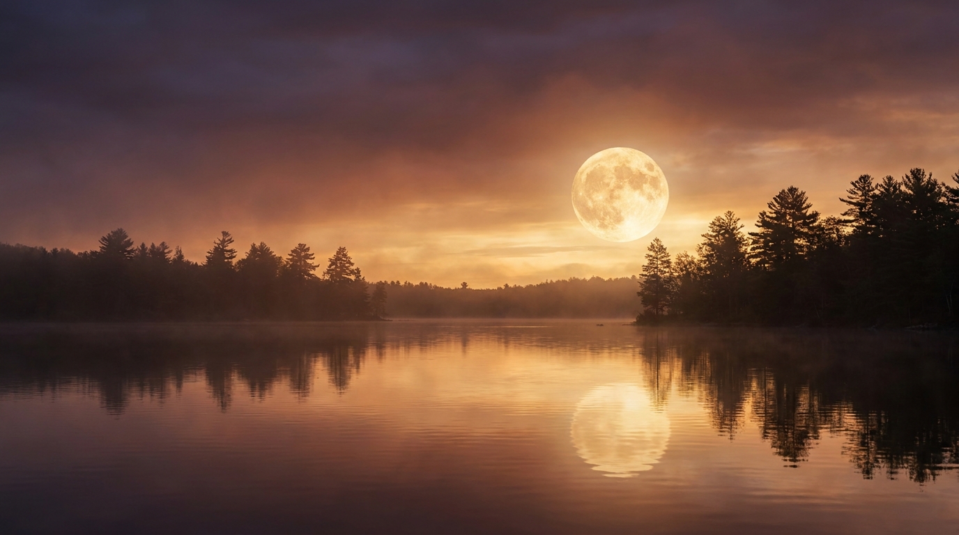 Pleine lune se reflétant sur un lac au crépuscule