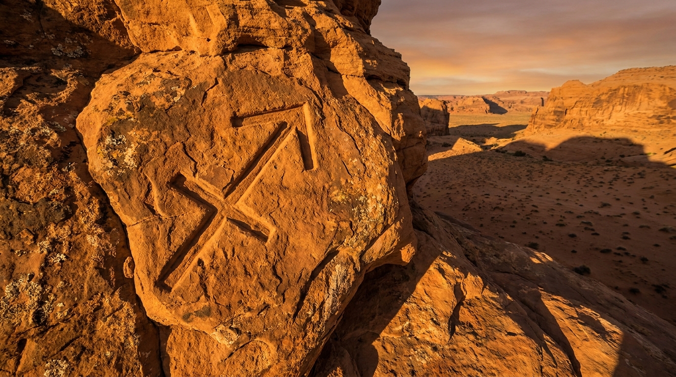 Symbole du Sagittaire gravé dans la pierre au coucher du soleil