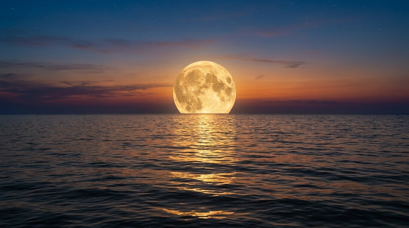 Pleine lune dorée se levant au-dessus de l'océan au crépuscule