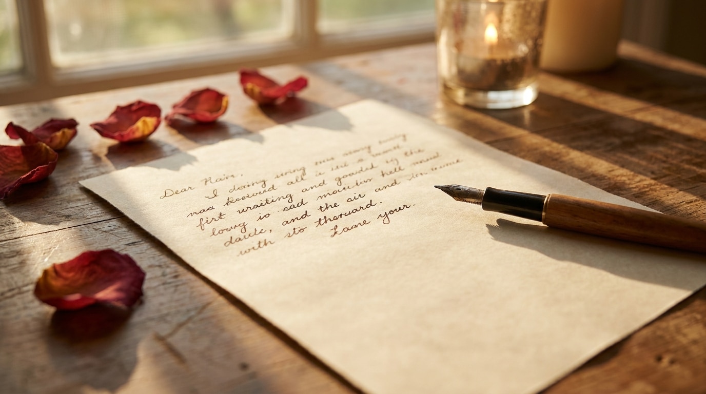Lettre manuscrite posée près d'une bougie et de pétales de rose