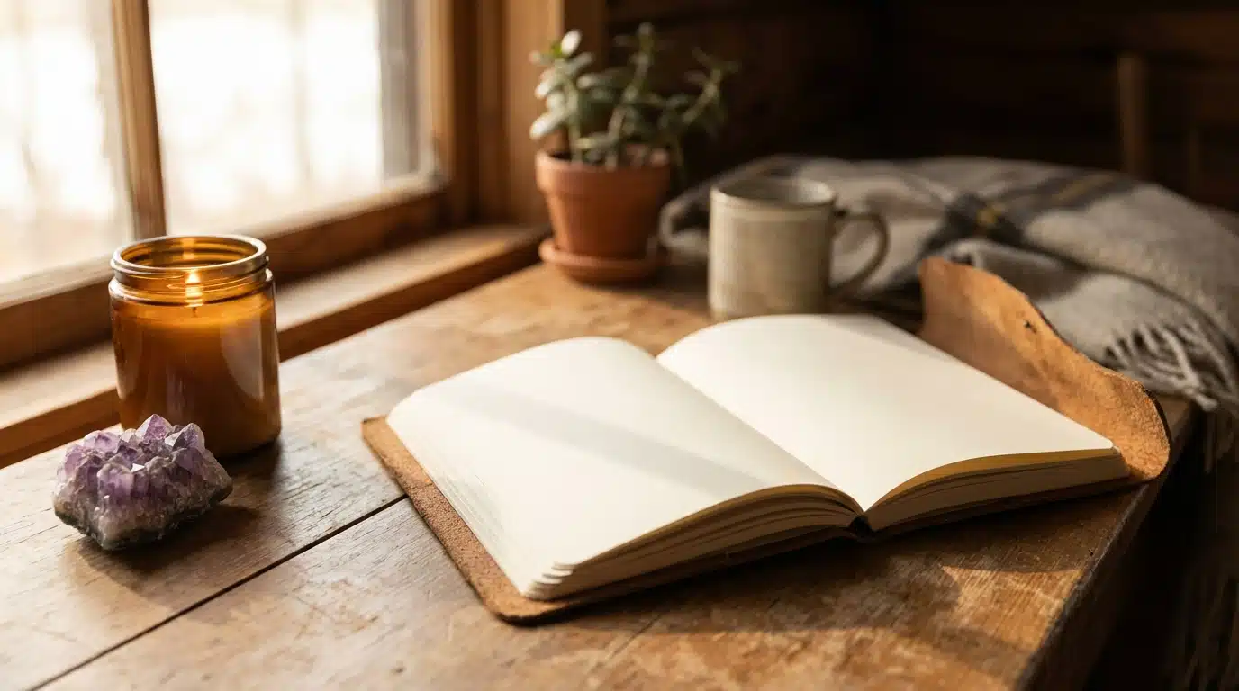 Journal ouvert posé sur une table en bois à côté d'une bougie et d'un cristal d'améthyste
