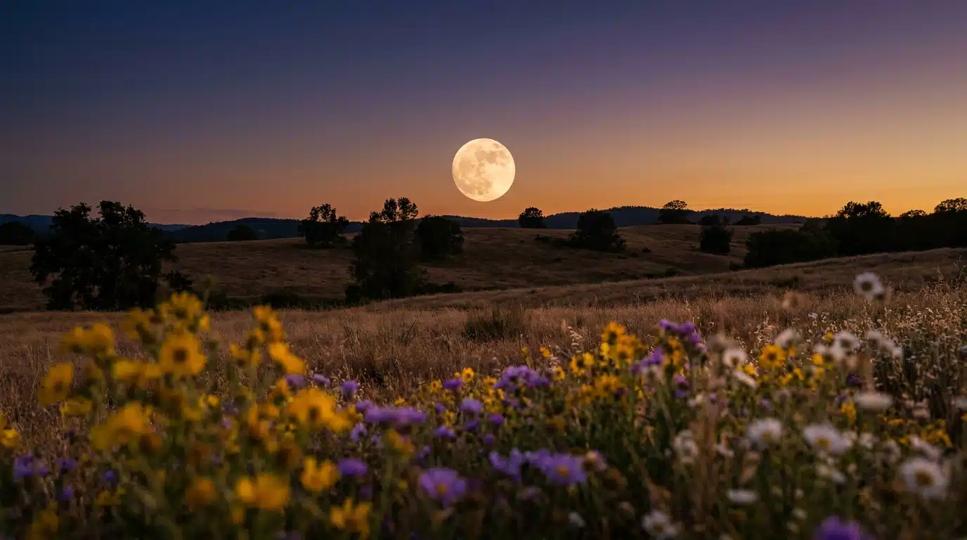 Pleine lune dorée au-dessus d'un paysage sauvage au crépuscule