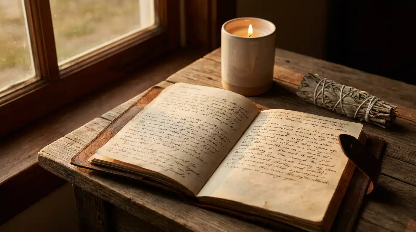 Journal ouvert sur une table en bois avec bougie et sauge séchée