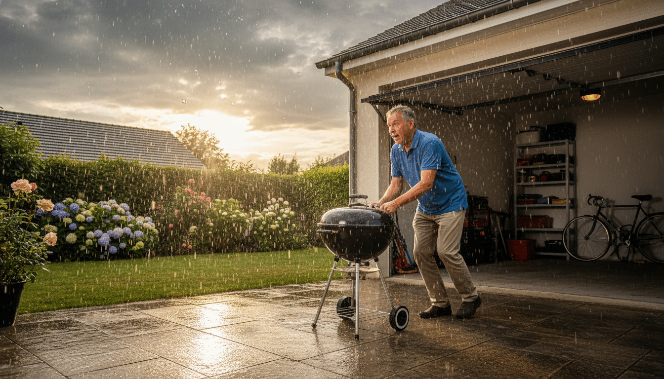 Homme déplaçant son barbecue sous la pluie vers un abri