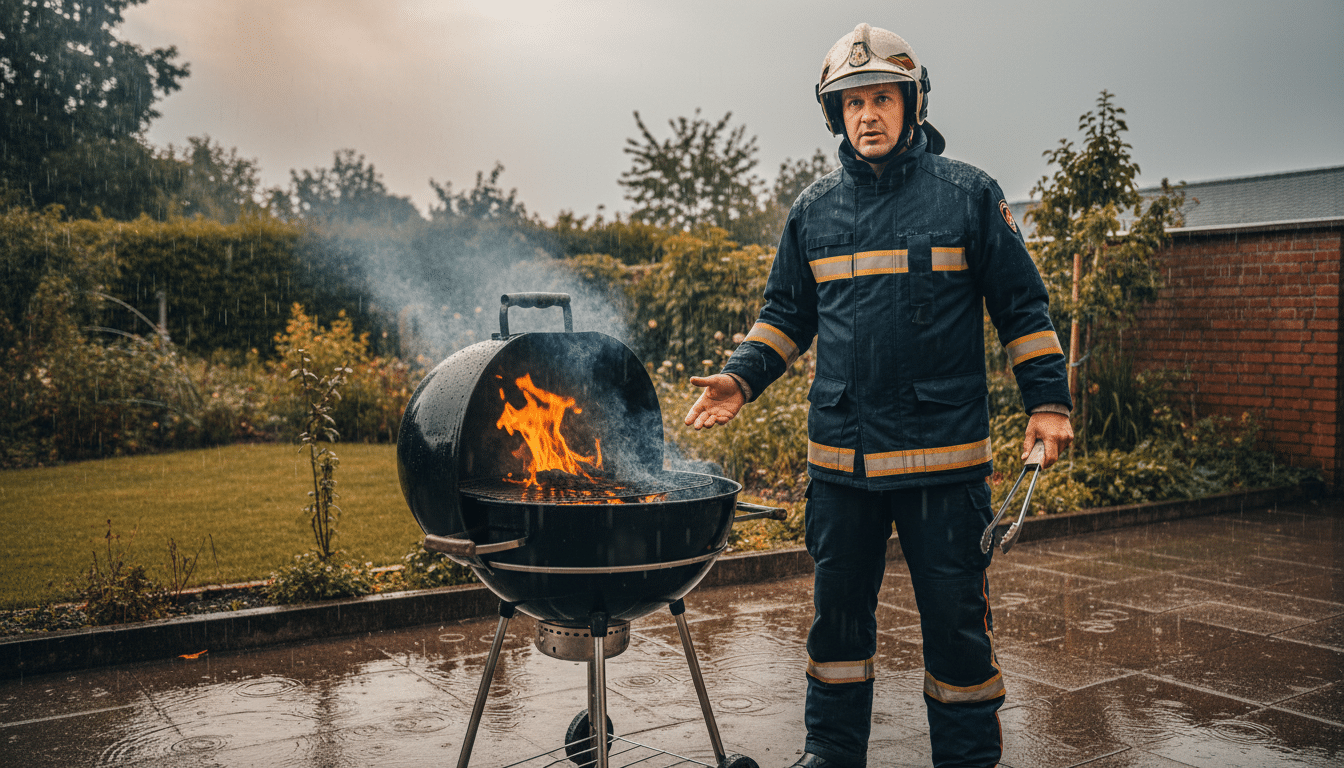 Pompier alertant sur les dangers du barbecue en intérieur