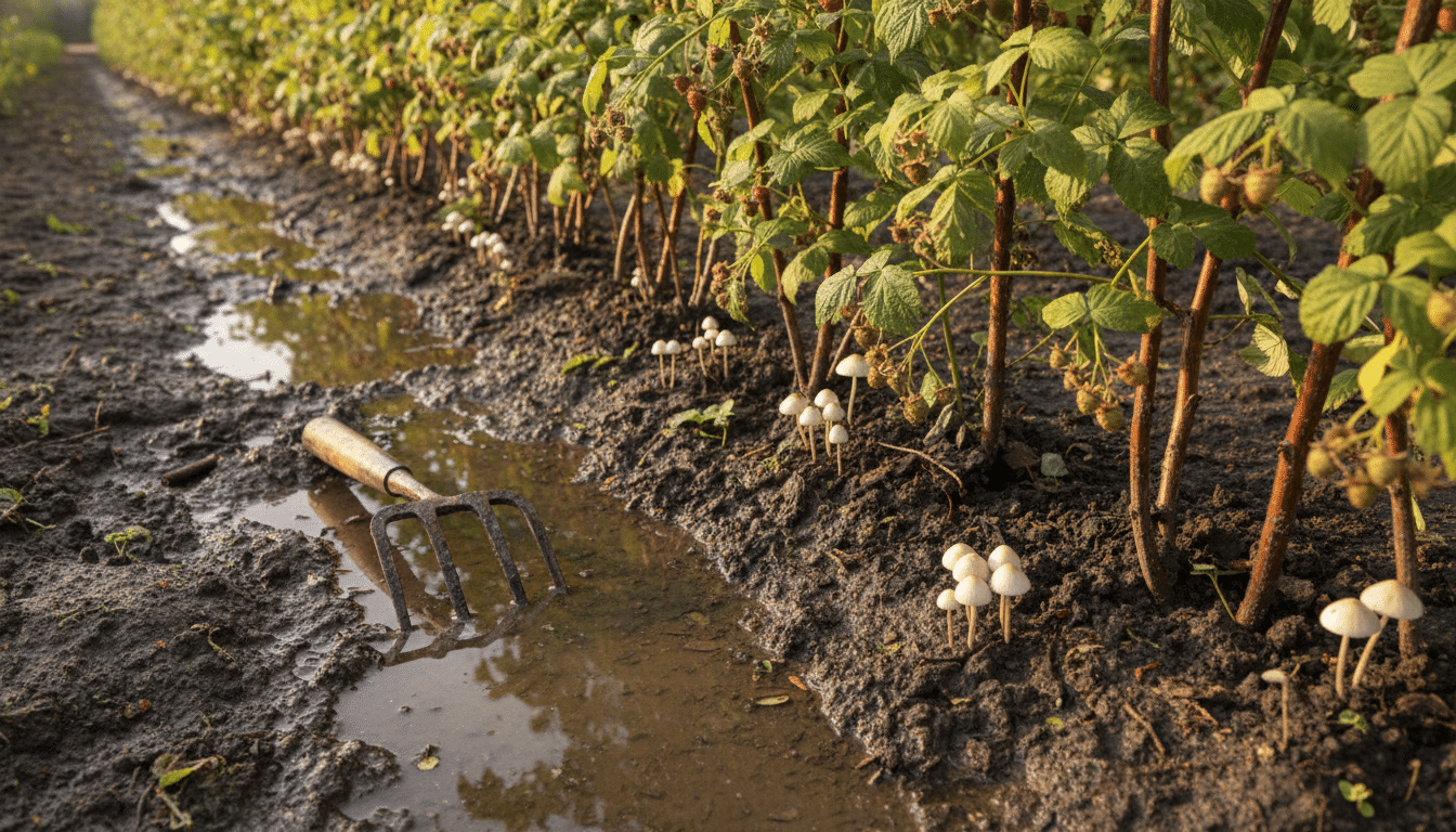 Sol gorgé d'eau autour de framboisiers avec champignons