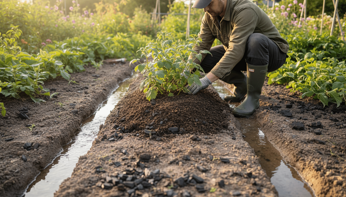 Jardinier créant une butte drainante pour framboisiers