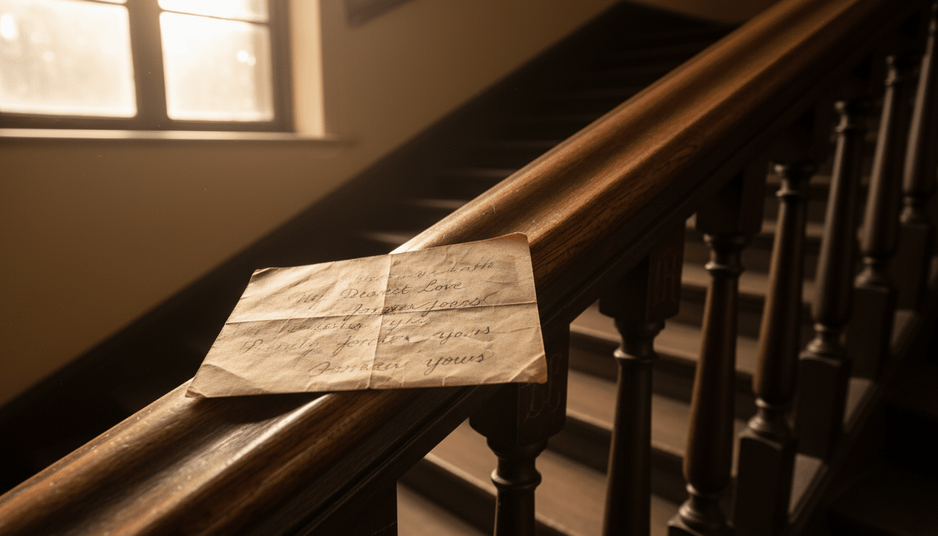 Une lettre d'amour manuscrite posée sur la rambarde d'escaliers de collège, lumière dorée