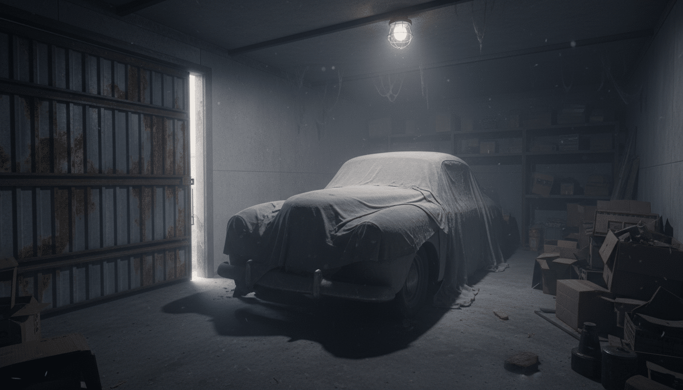 Box sombre avec voiture ancienne et porte métallique qui se referme, scène du piège tendu à Ariane
