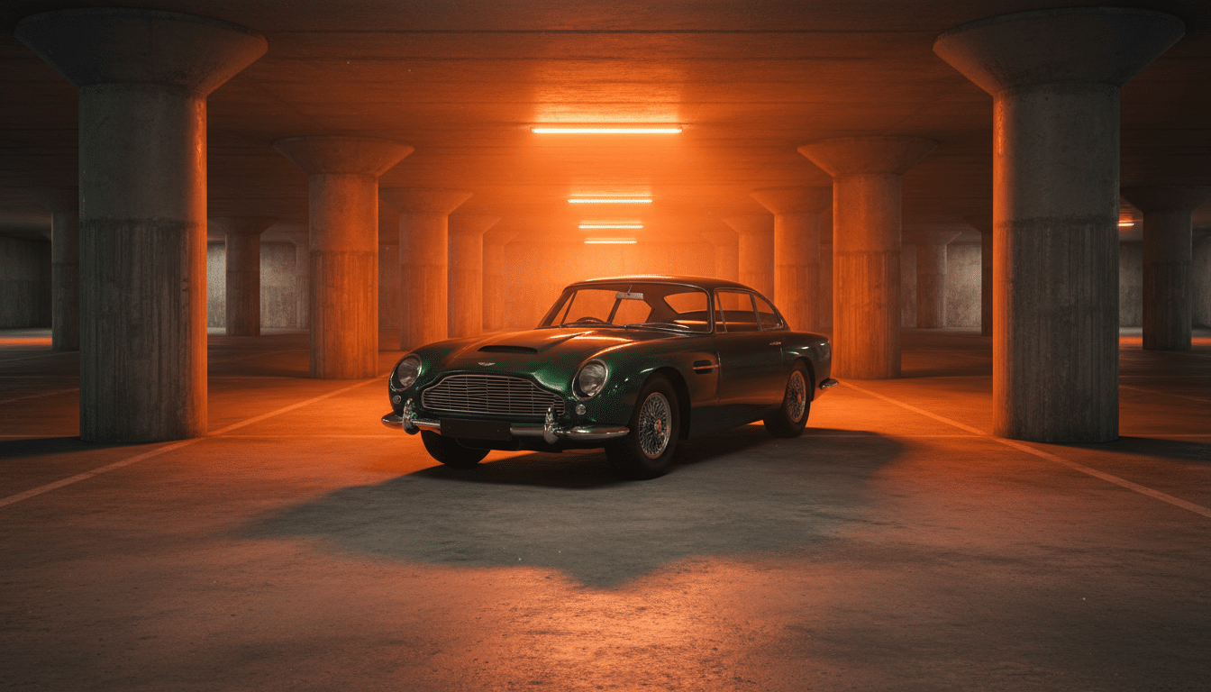 Parking souterrain plongé dans la pénombre avec éclairage orangé, ambiance tendue
