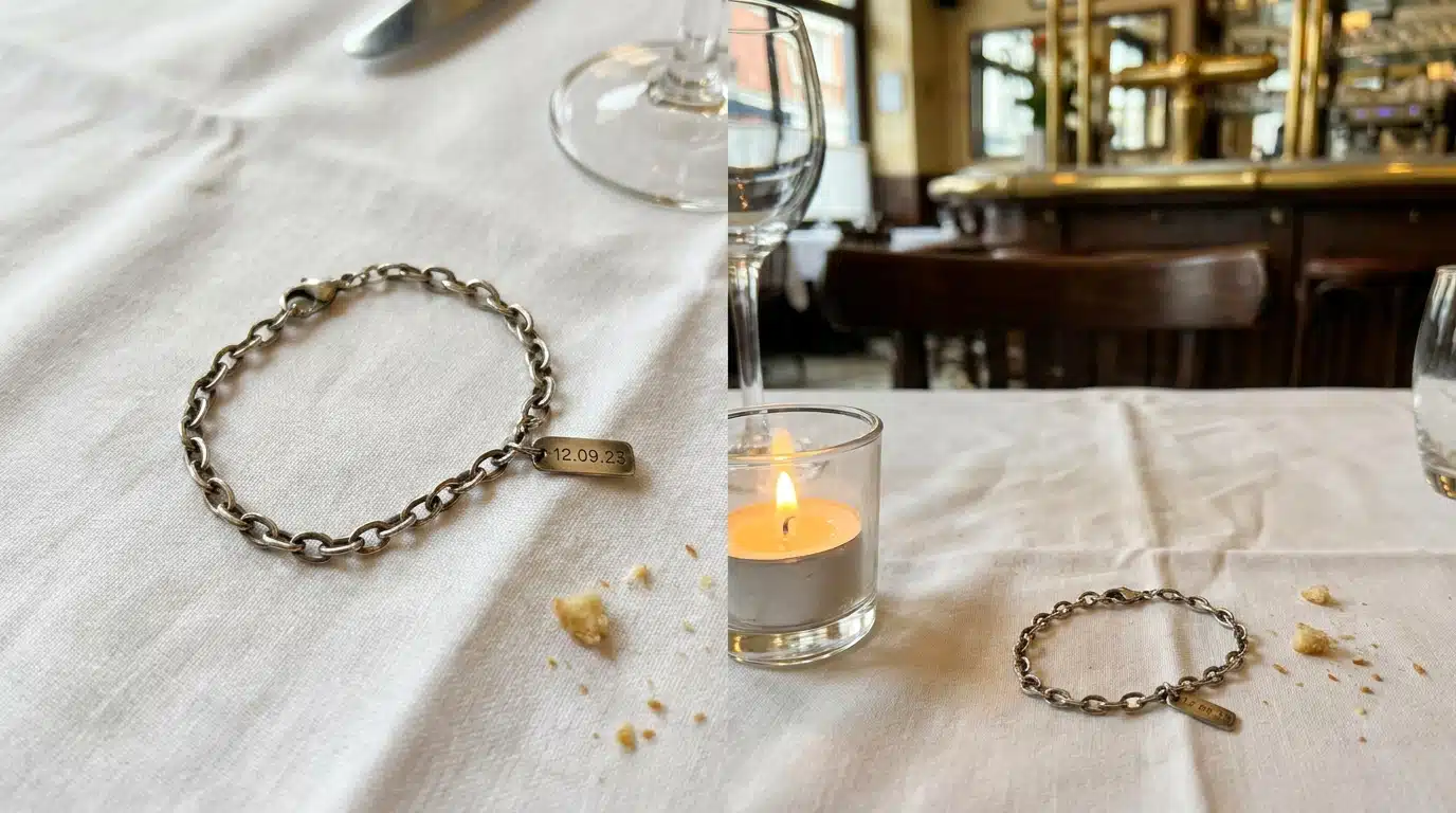 Bracelet gravé posé sur une nappe blanche de restaurant