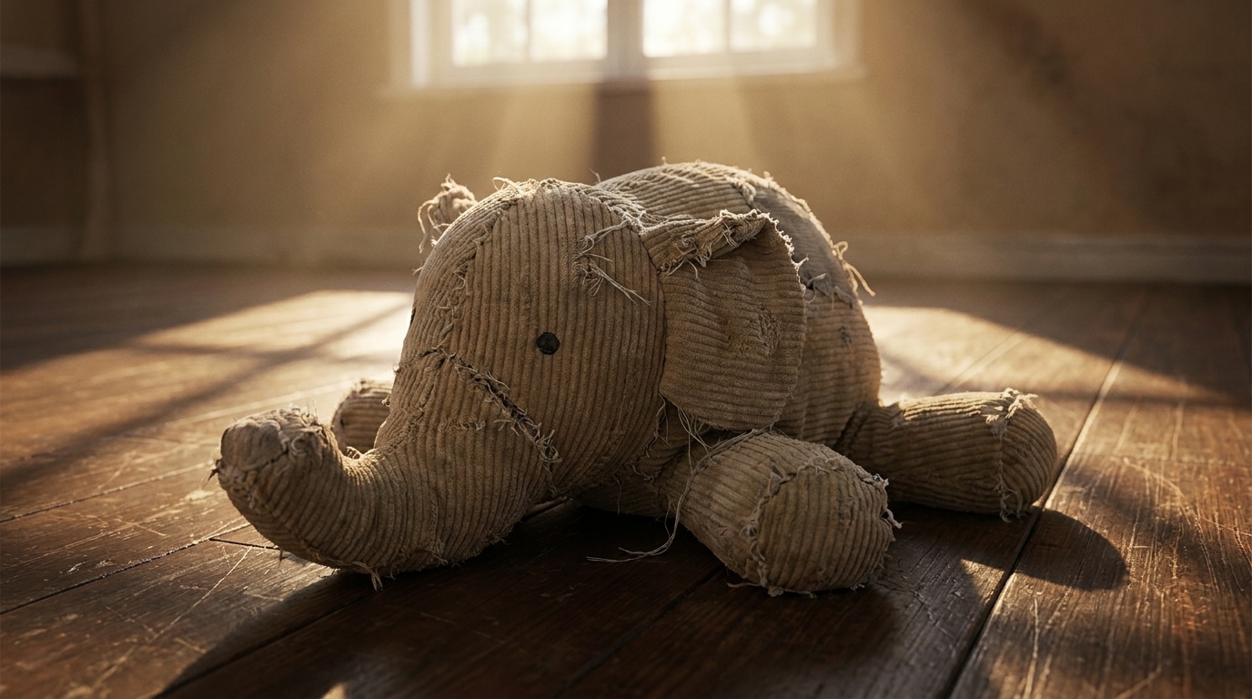 Doudou en peluche déchiré abandonné sur un parquet en bois, lumière dramatique