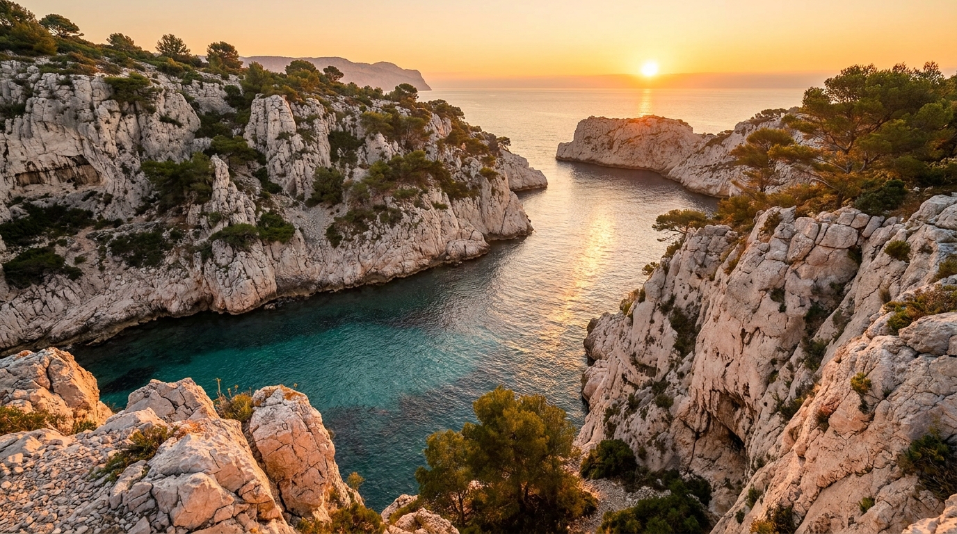 Calanques de Marseille au coucher du soleil avec mer turquoise entre les falaises blanches
