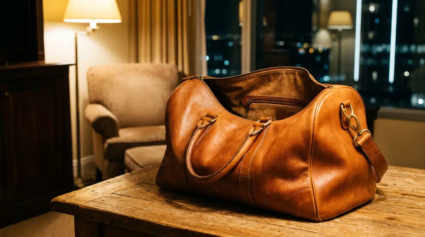 Sac en cuir ouvert et vide sur une table dans une planque sombre, ambiance braquage