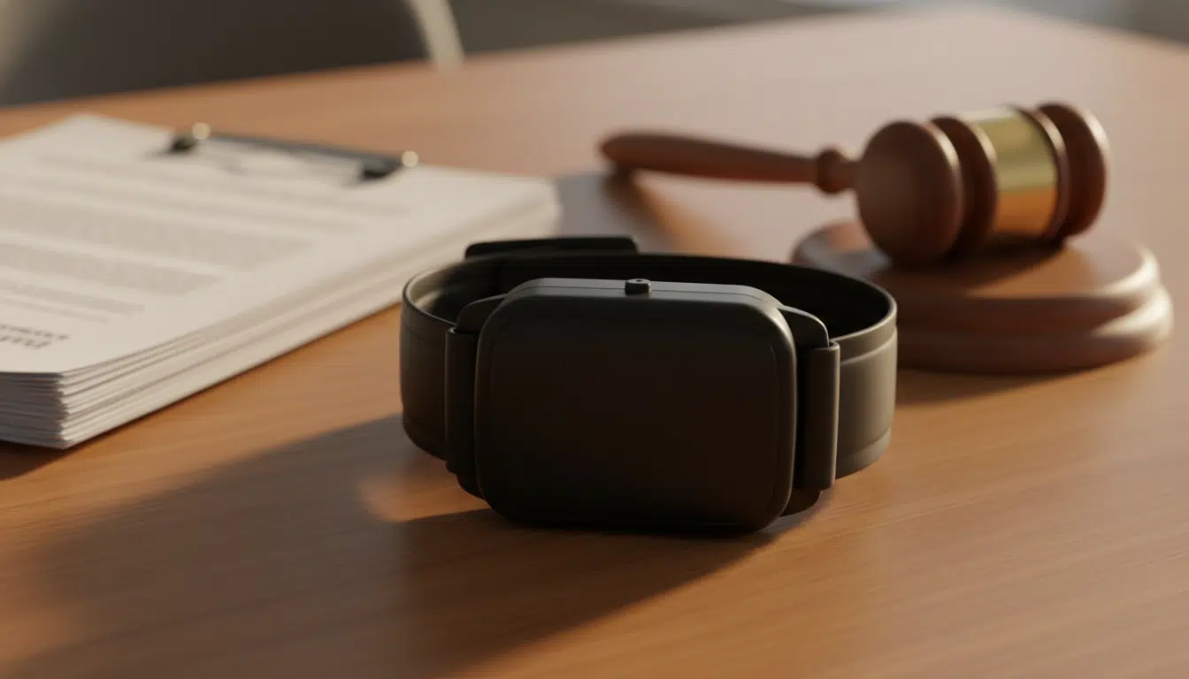 Bracelet électronique posé sur des documents judiciaires
