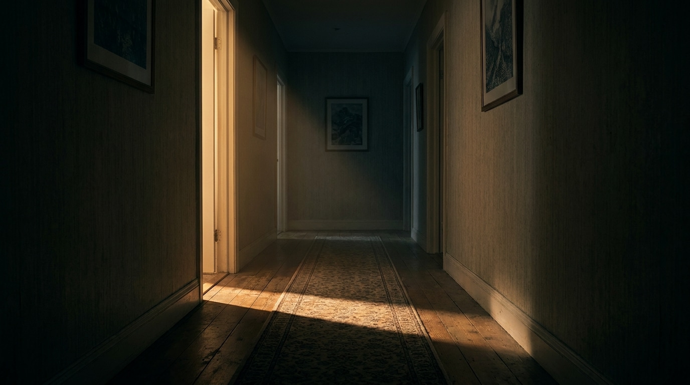 Couloir sombre d'appartement avec porte entrouverte la nuit