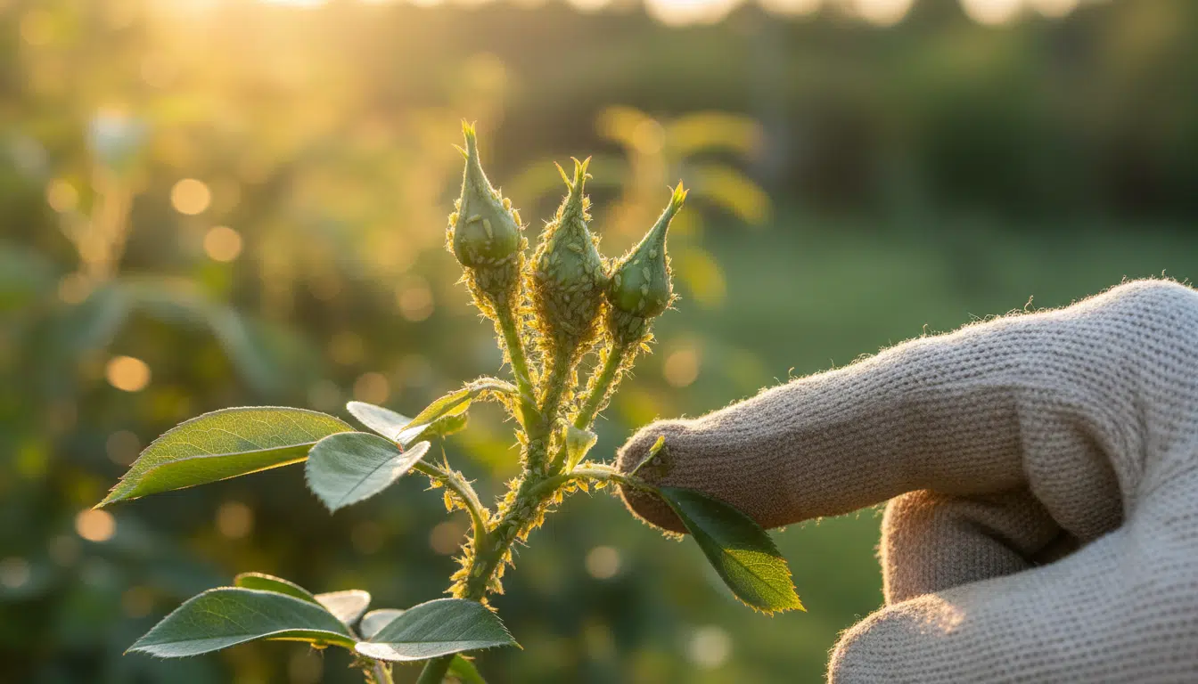 Pucerons verts agglutinés sur un bouton de rosier
