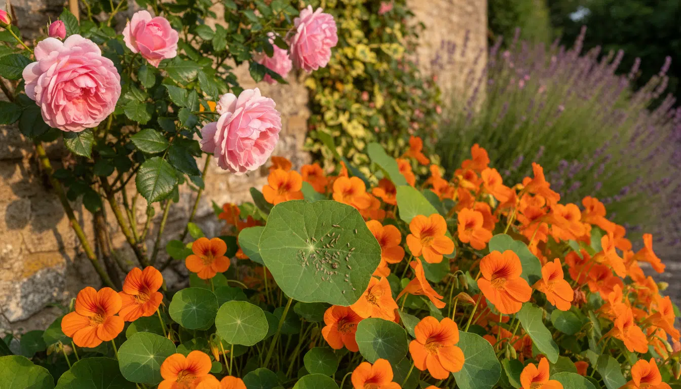 Capucines orange plantées au pied d'un rosier avec coccinelle