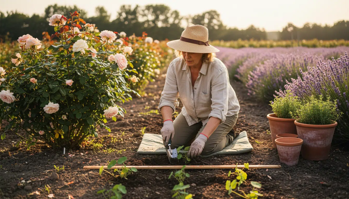 Jardinière plantant des capucines à côté de rosiers