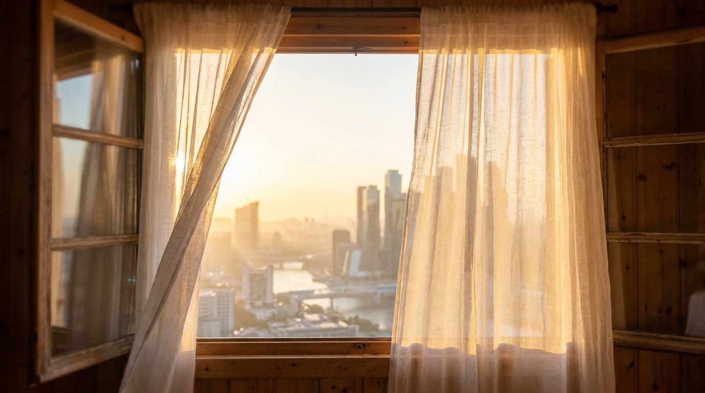 Fenêtre ouverte avec rideaux au vent face au lever du soleil
